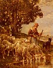 Shepherdess Canvas Paintings - A Shepherdess Watering Her Flock